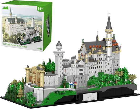 Large brick-built Neuschwanstein Castle model with towers and turrets