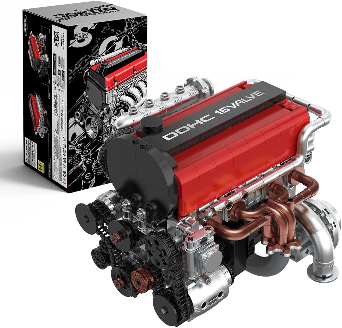 Brick-built four-cylinder turbo engine model with exposed pistons and turbocharger