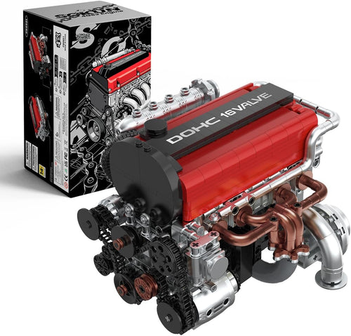 Brick-built four-cylinder turbo engine model with exposed pistons and turbocharger