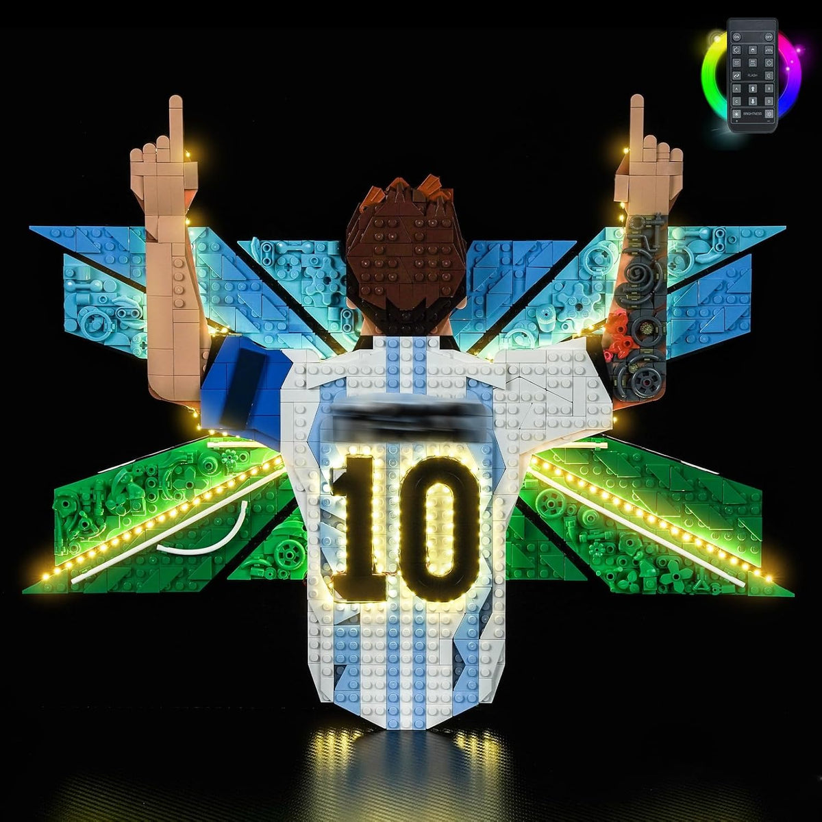 Brick-built soccer player celebration mosaic lit by LEDs