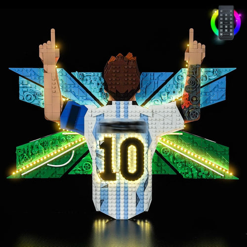 Brick-built soccer player celebration mosaic lit by LEDs