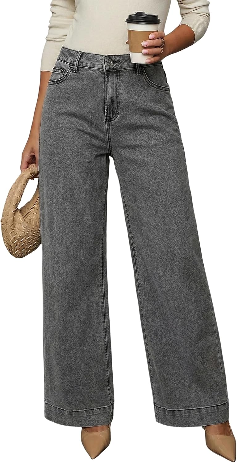 Women's High Waisted Wide Leg Jeans - Loose Stretch Denim with a Straight Leg for Everyday Casual Wear - 2
