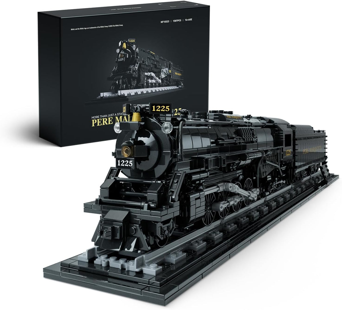 Brick-built steam locomotive model on a track base with nameplate