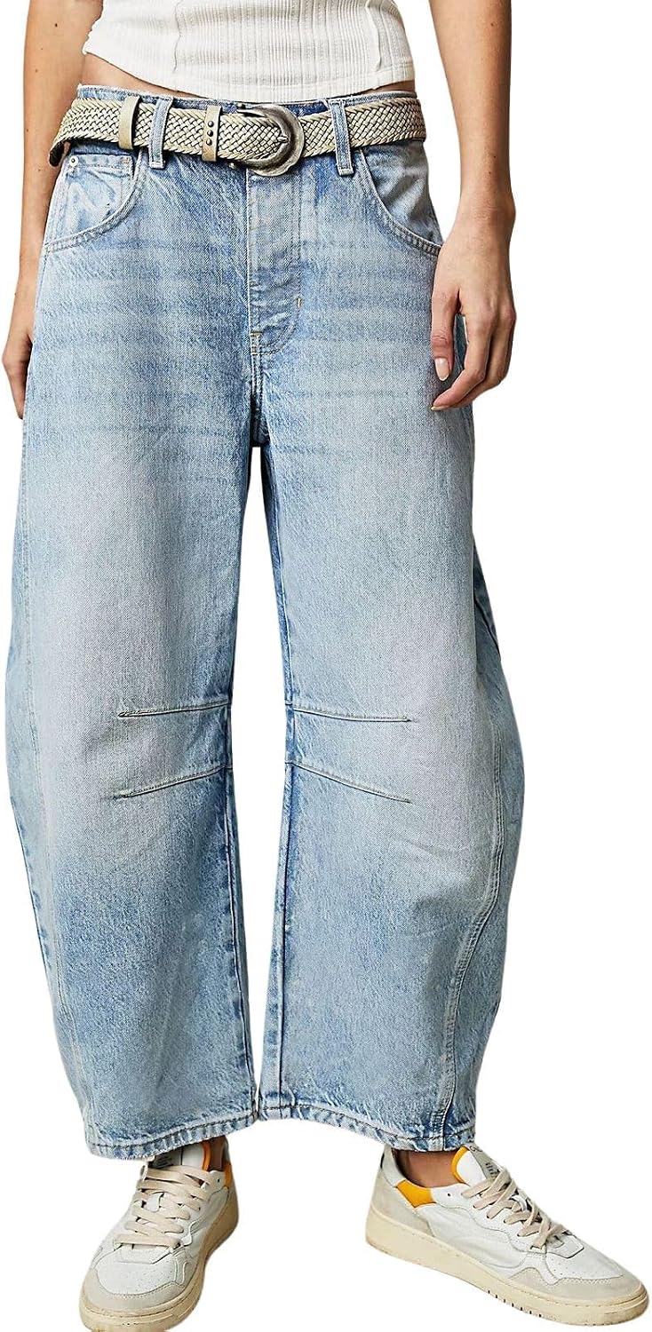 Women's Vintage Wash Barrel Jeans - Mid Rise Loose Wide Leg Cropped Denim for Weekend Outfits - Small