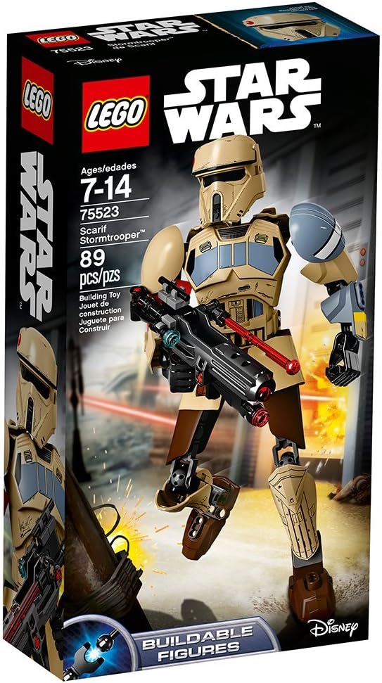 Posable brick-built armored trooper figure holding a double-barrel blaster