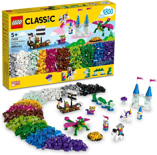 Brick-built unicorn, castle, dragon and pirate ship arranged together