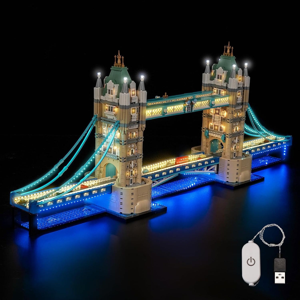 Tower Bridge brick model with towers lit by an LED light kit