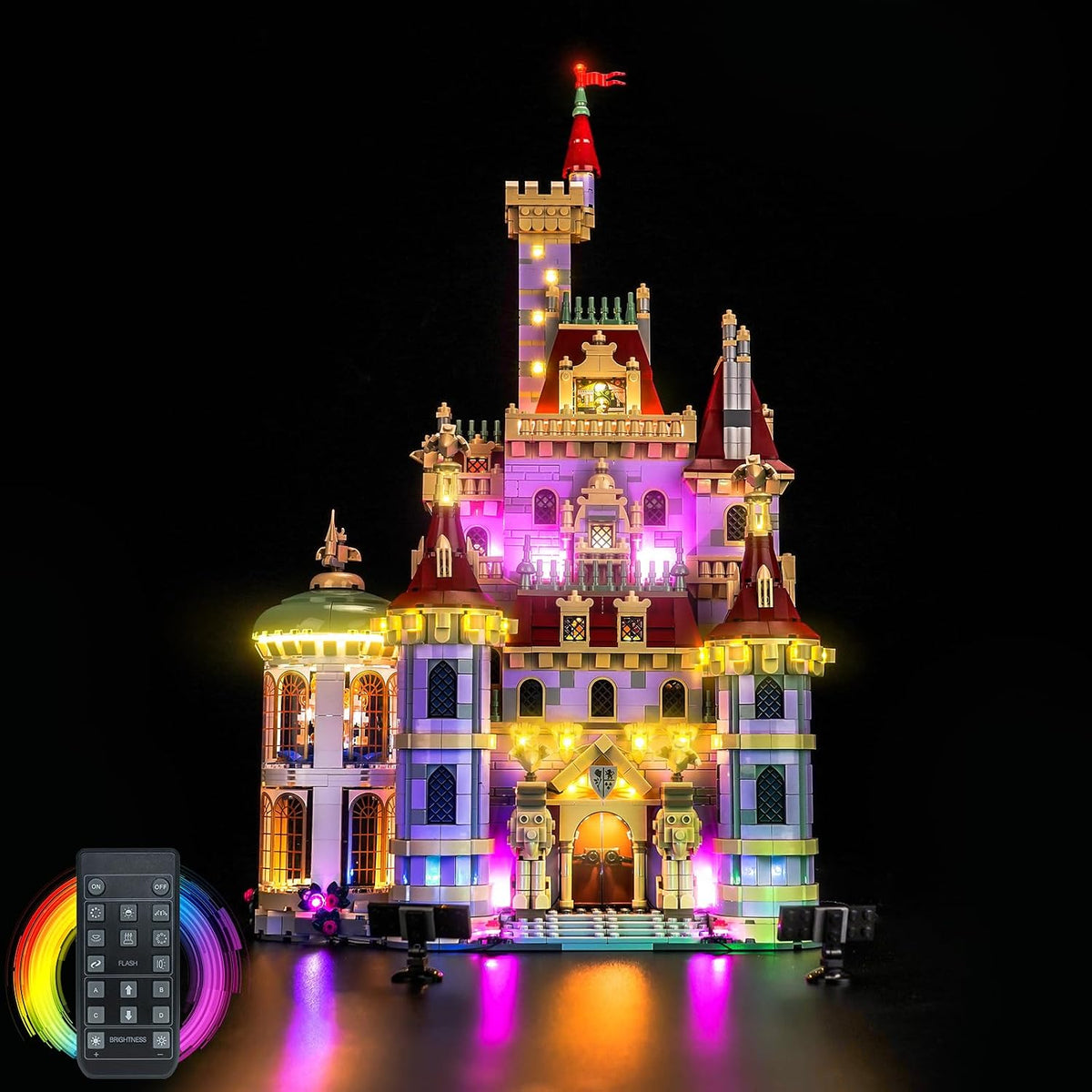 Fairy tale castle brick model lit with warm LED lights