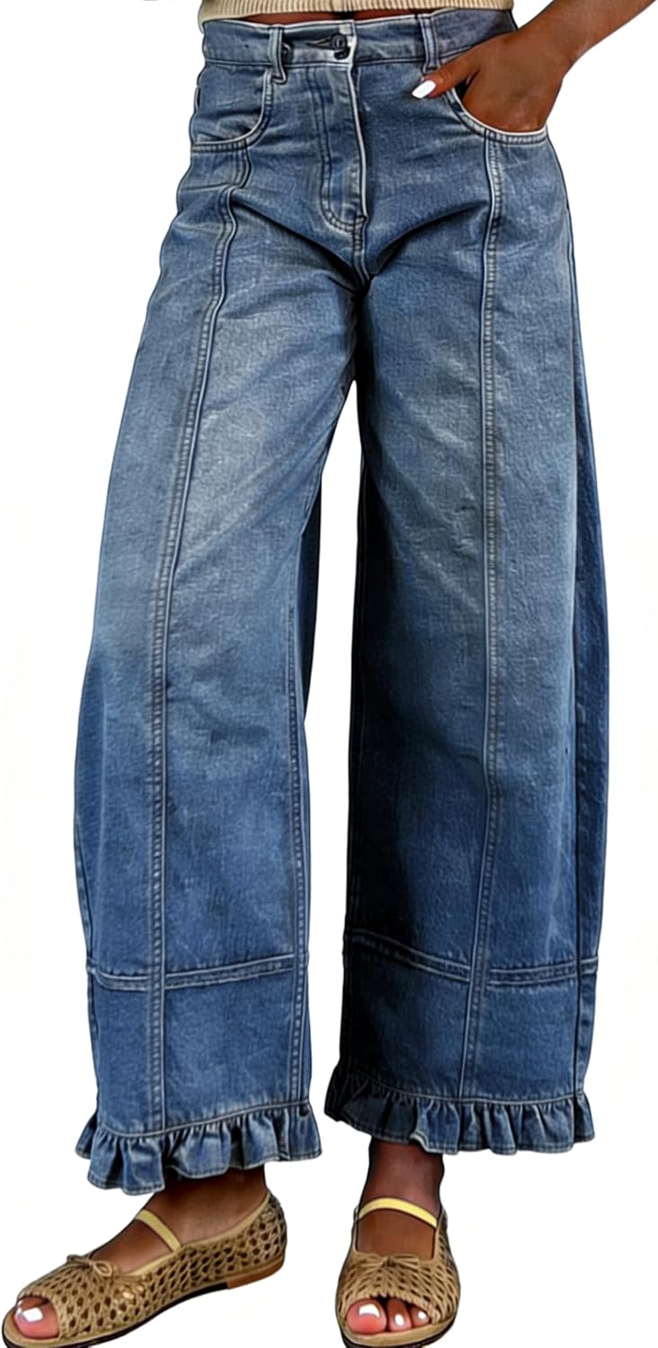 Women's Floral Print Barrel Jeans - Wide Leg Baggy Boyfriend Denim with Patchwork Panels - Small (13)