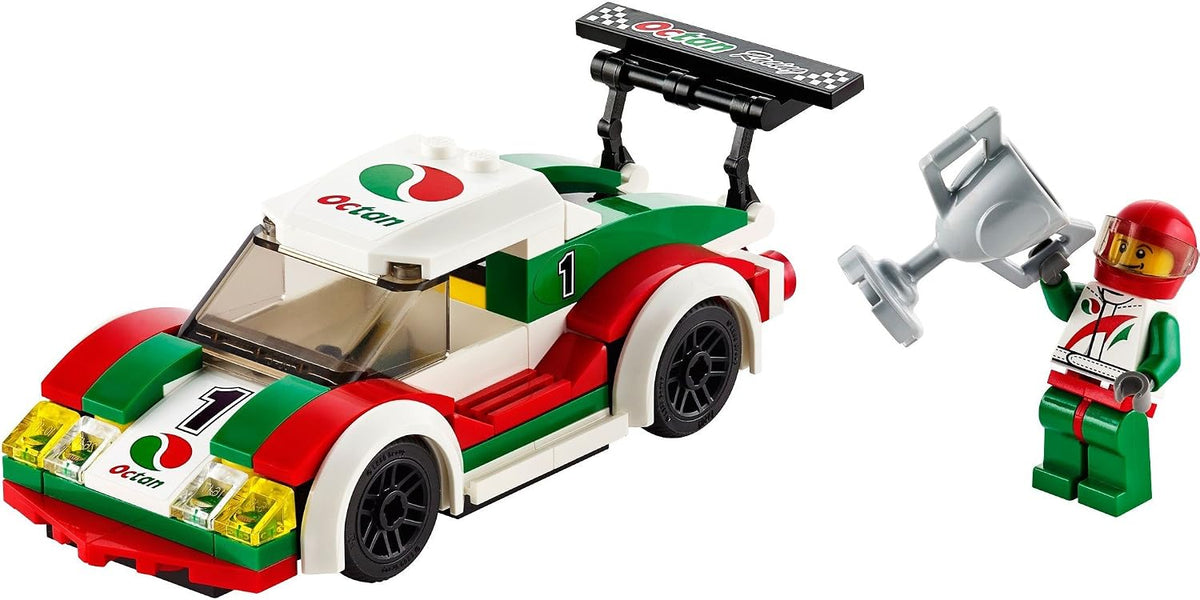 Small brick-built race car with spoiler, driver figure and trophy