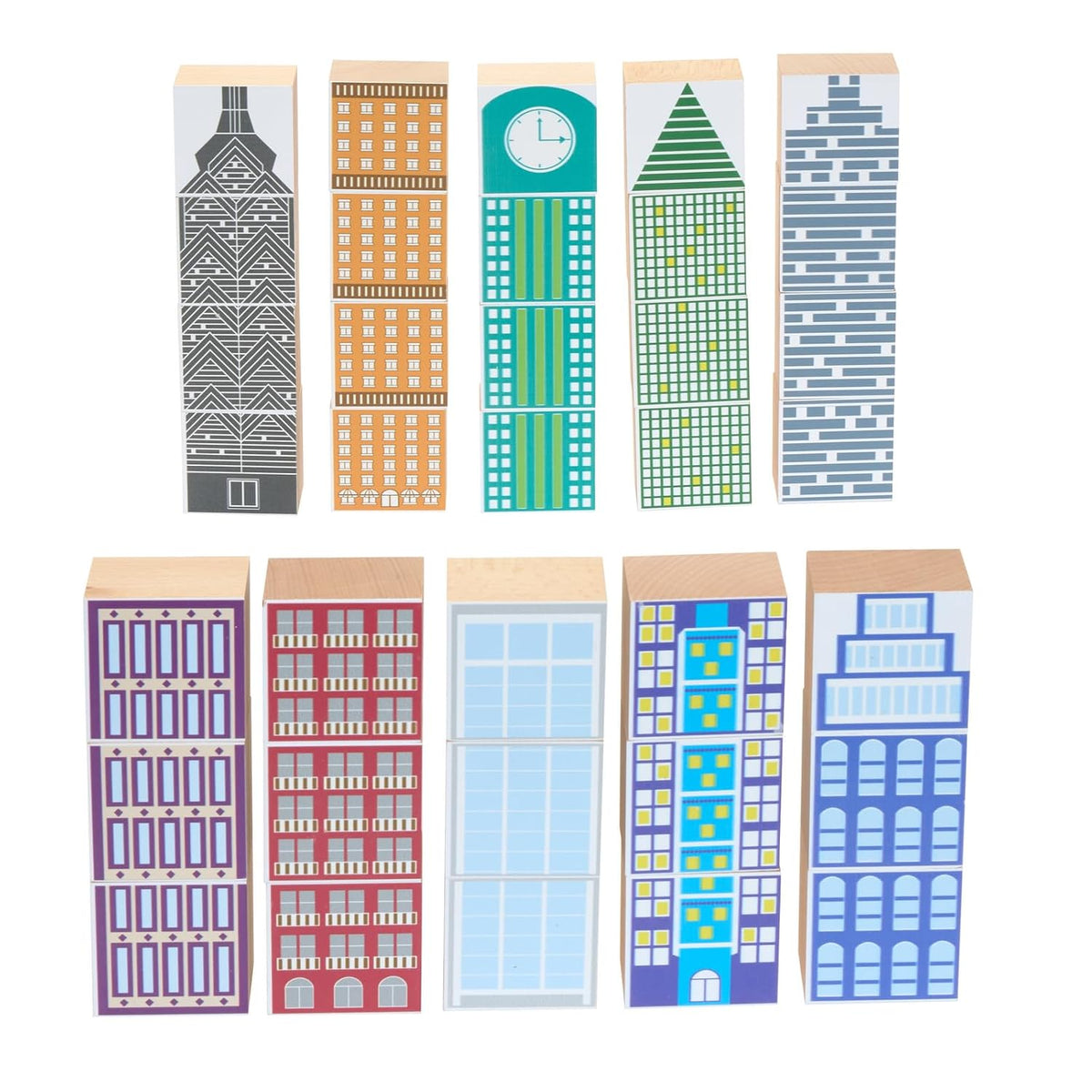 Stacked wooden skyscraper blocks forming tall towers