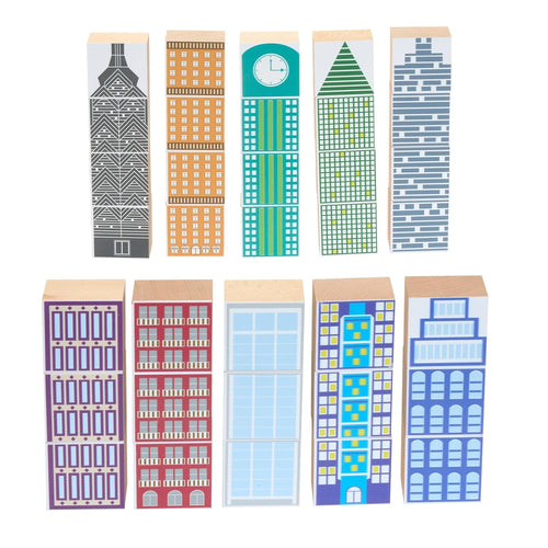 Stacked wooden skyscraper blocks forming tall towers