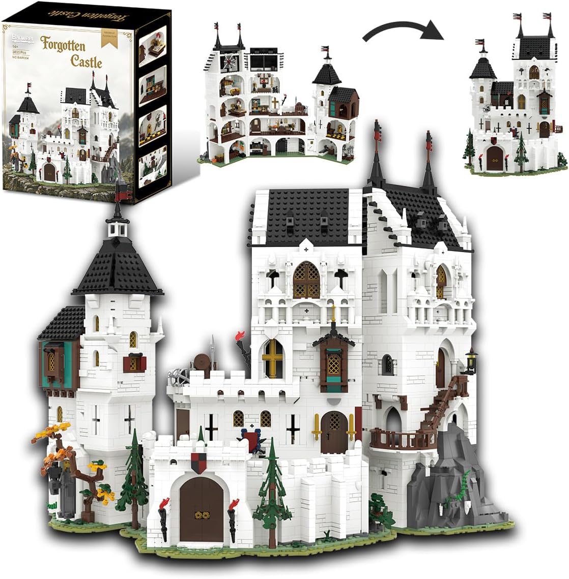 Modular medieval white castle brick model with tall tower and stone-style walls