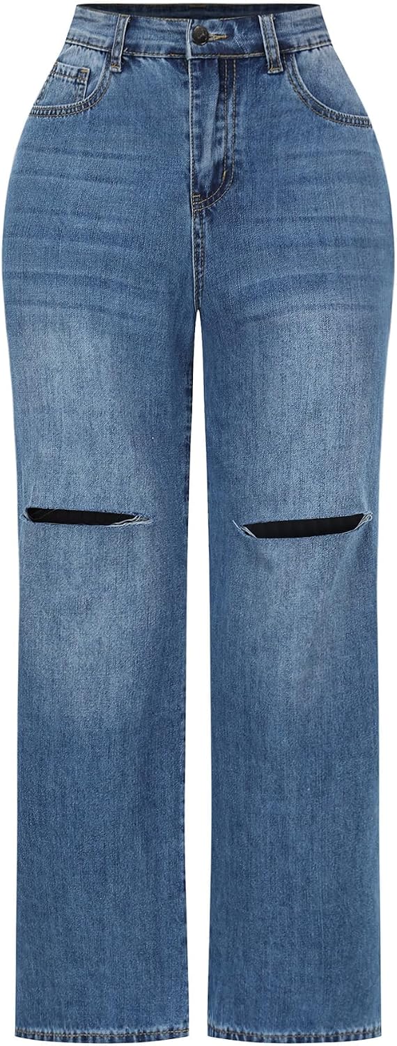 Women's High Waisted Wide Leg Jeans - Distressed Stretch Denim in Fourteen Washes for Casual Days - 6