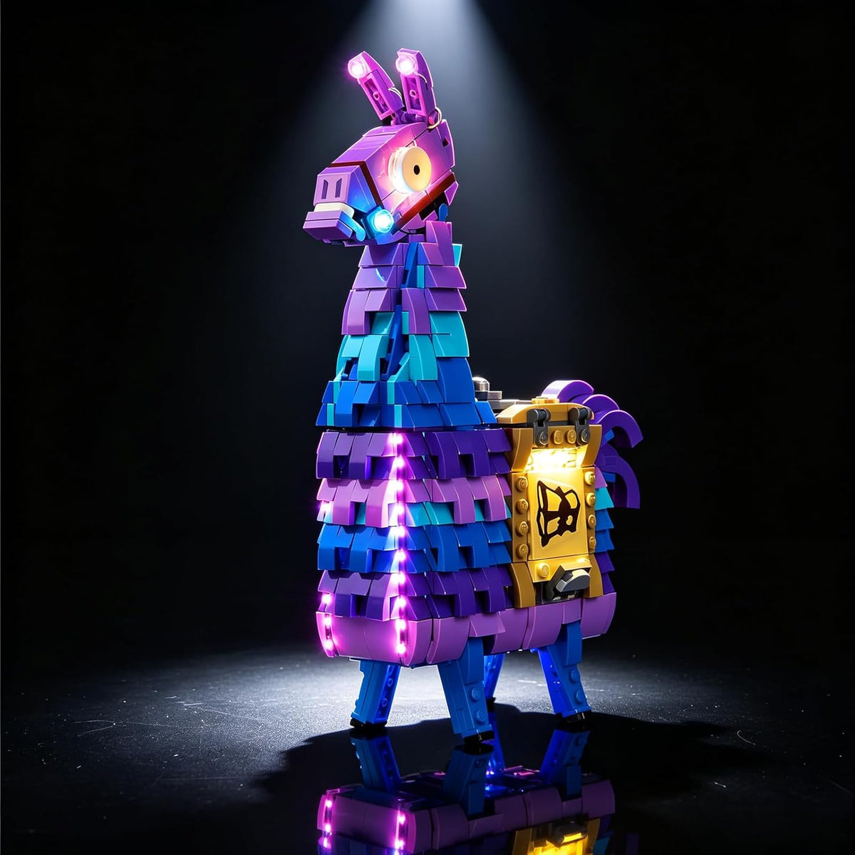 Brick-built mecha robot lit with blue and white LEDs in a dark setting – view 5
