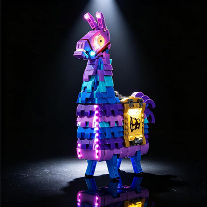 Brick-built mecha robot lit with blue and white LEDs in a dark setting – view 5