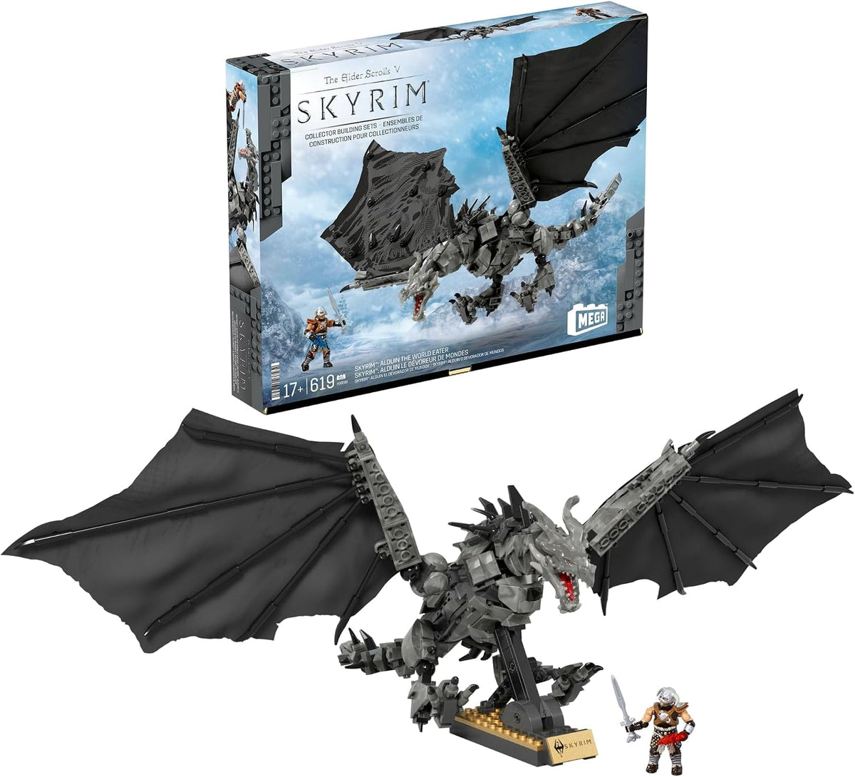 Brick-built black fantasy dragon on adjustable stand with warrior figure