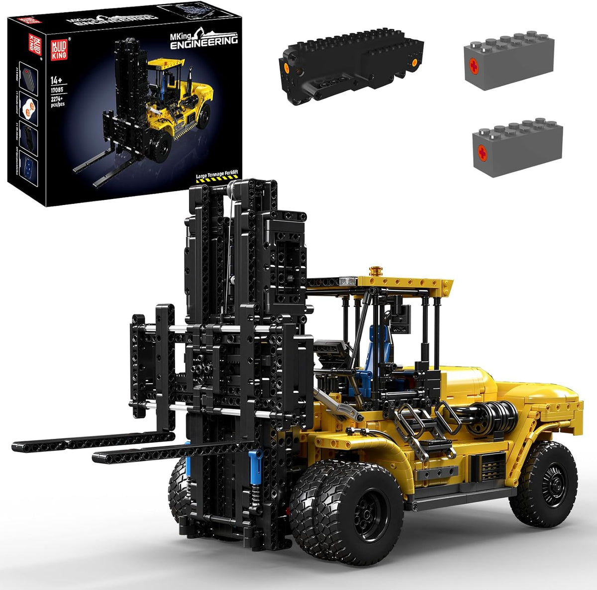 Yellow brick-built heavy forklift with raised forks and lifting mast