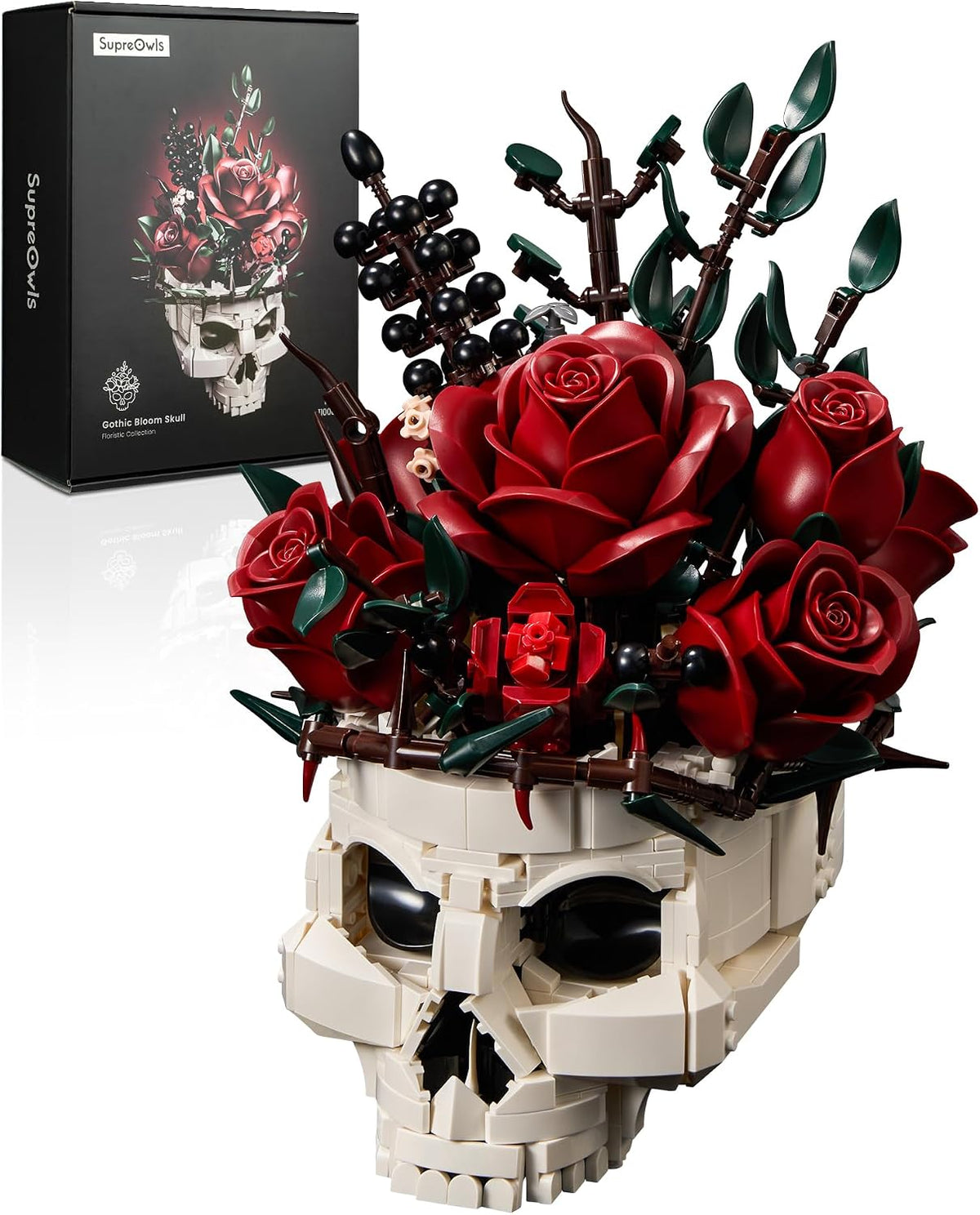 Brick-built skull centerpiece surrounded by dark red roses