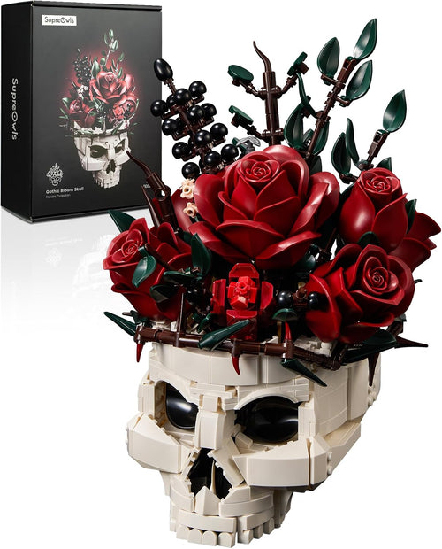 Brick-built skull centerpiece surrounded by dark red roses