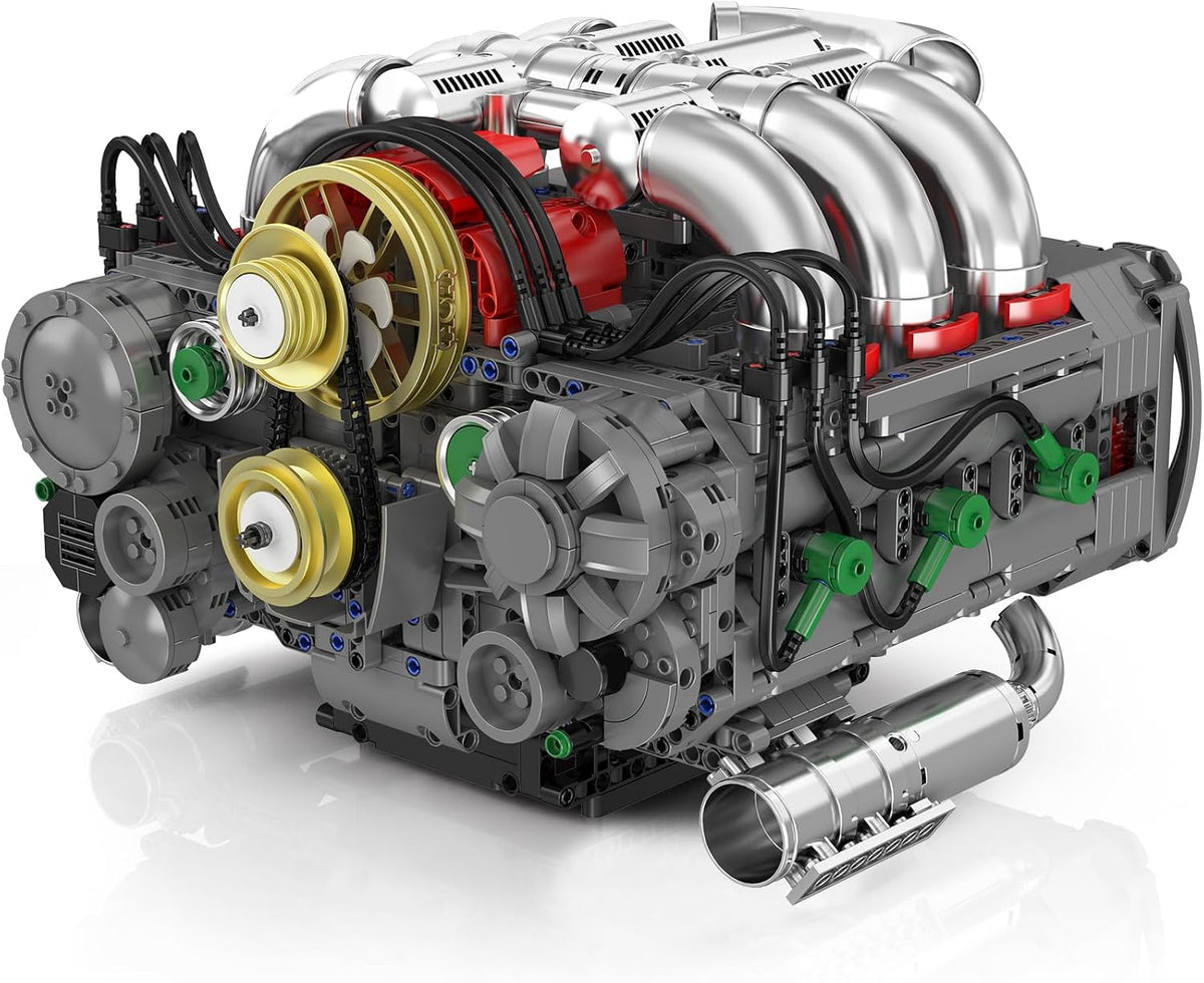 Brick-built V8 flat engine model with motor and moving parts