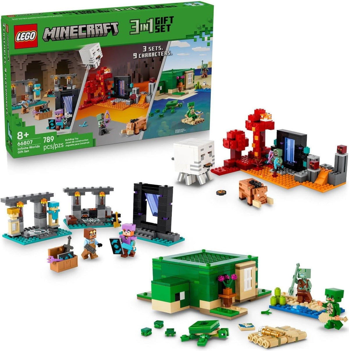 Three pixel-style brick scenes with a portal, armory and turtle beach house