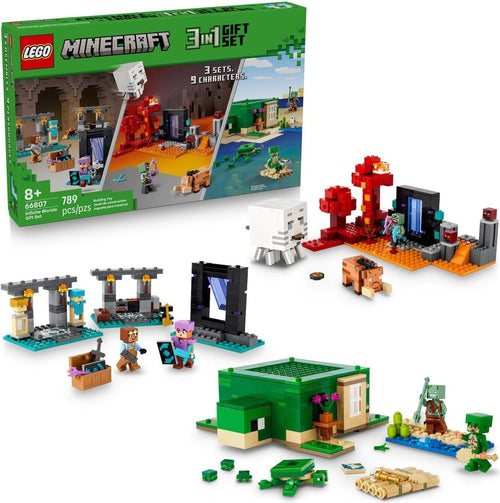 Three pixel-style brick scenes with a portal, armory and turtle beach house