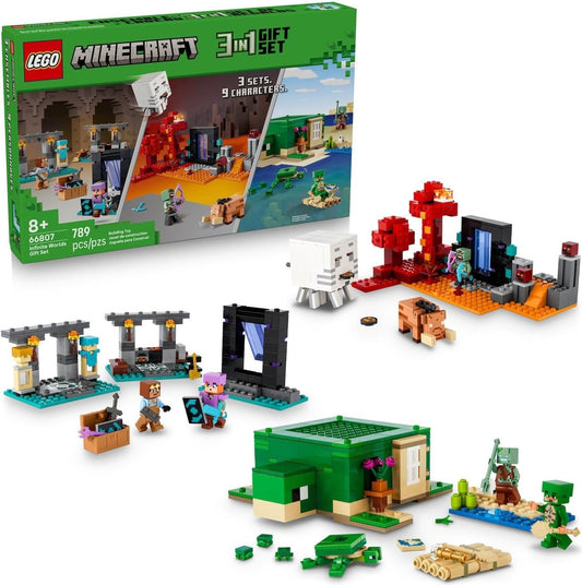 Three pixel-style brick scenes with a portal, armory and turtle beach house