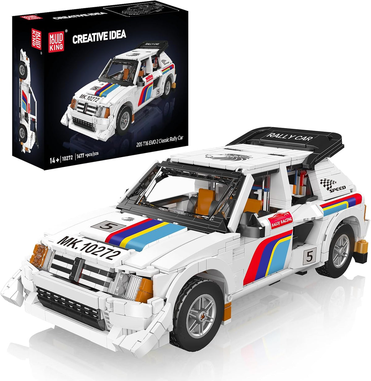 Brick-built classic rally car with doors and rear cover open