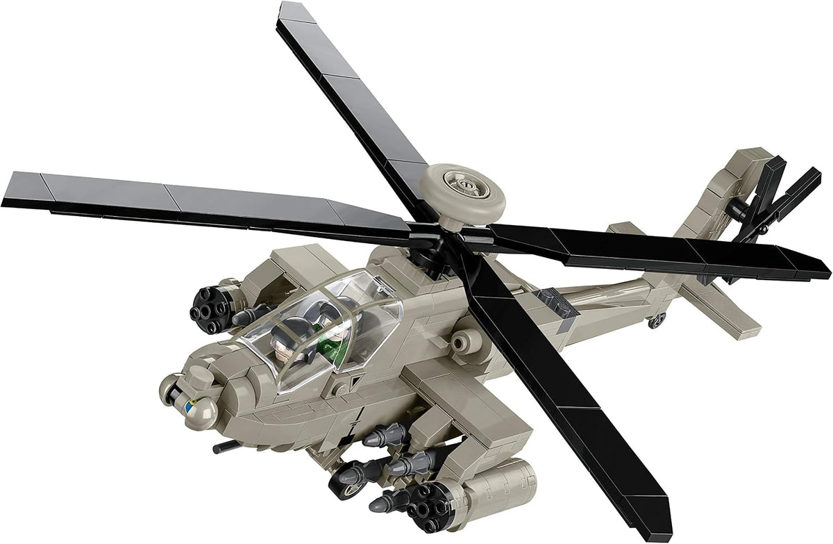 Olive brick-built AH-64 attack helicopter model with rotor blades