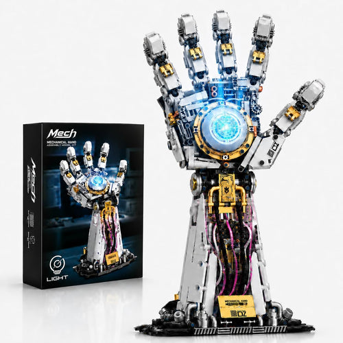 Brick-built mechanical robotic hand with glowing blue core and lit cables