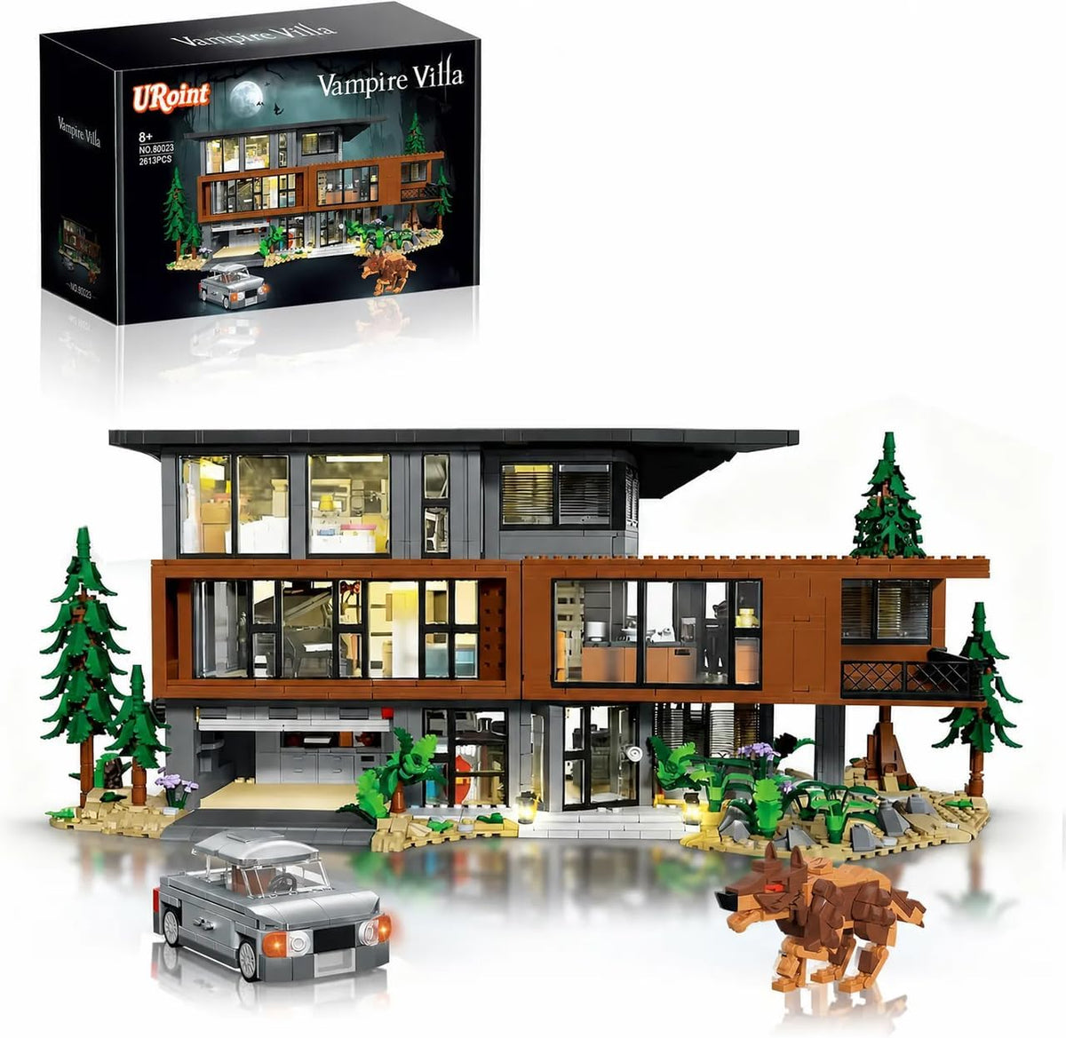 Built modern villa brick model glowing with interior lights