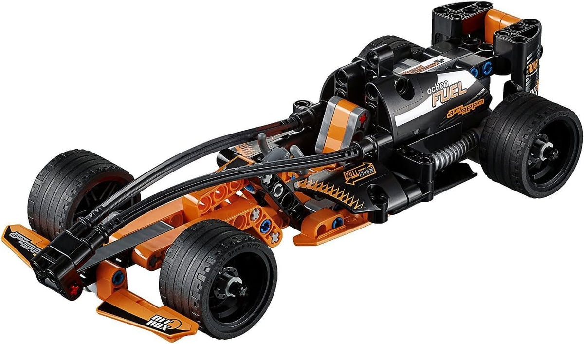 Brick-built black race car with orange and chrome decals