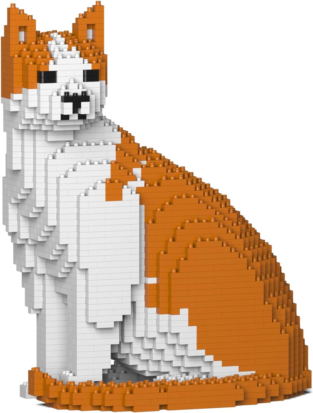 Finished black and white cat sculpture built from interlocking plastic bricks – view 5