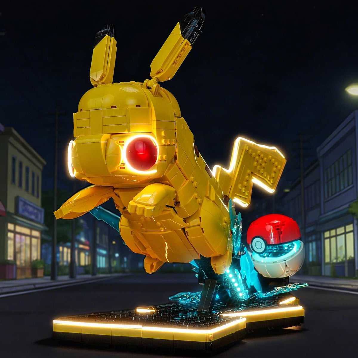 LED light kit glowing inside a yellow creature and red-white ball brick model – view 2