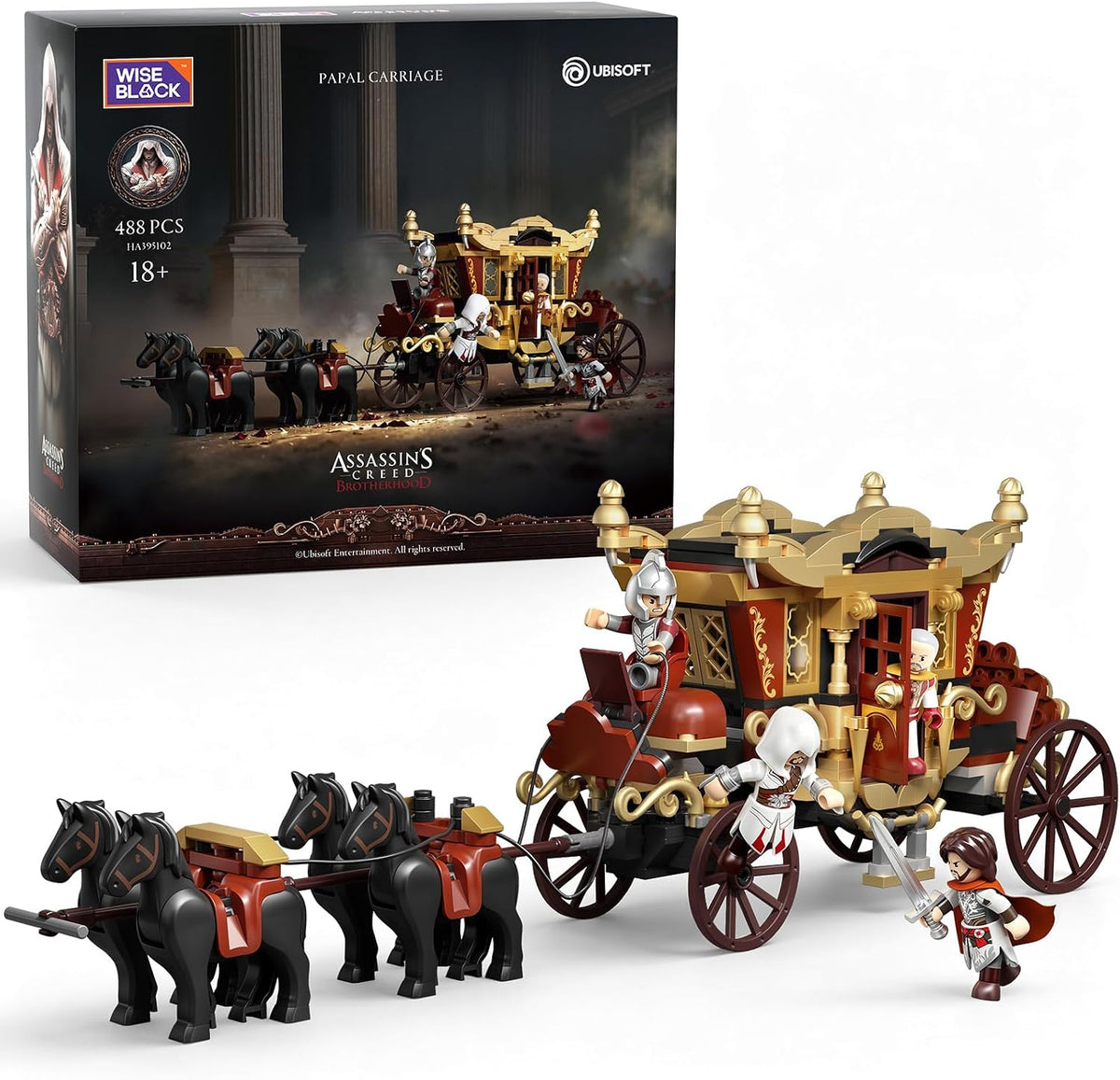Ornate brick-built papal carriage with printed minifigures