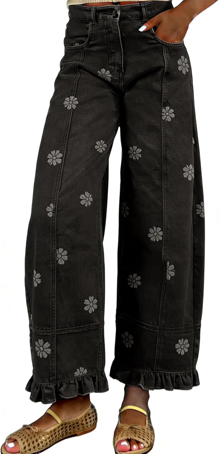 Women's Floral Print Barrel Jeans - Wide Leg Baggy Boyfriend Denim with Patchwork Panels - Small