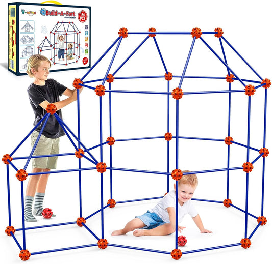 Blue rod-and-connector fort frame shaped like a castle with a blanket draped over