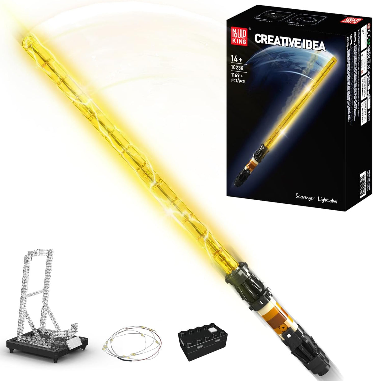 Black-bladed light sword brick model glowing on its display stand with nameplate – view 3