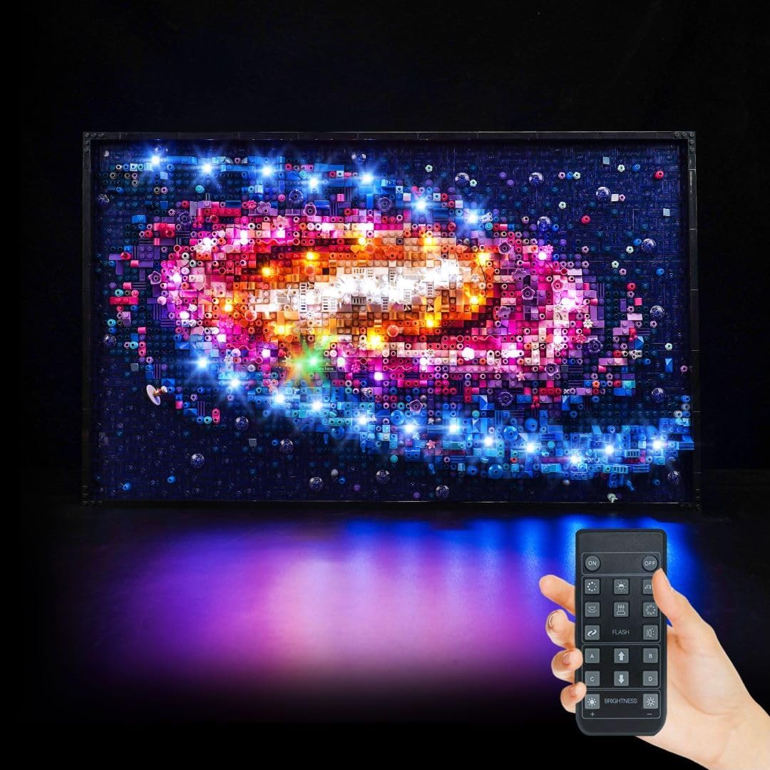Galaxy brick display model lit by blue and white LED strips with a small remote control beside it