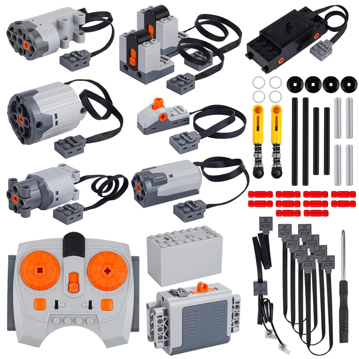 Assorted brick-compatible motors, connectors and power function parts