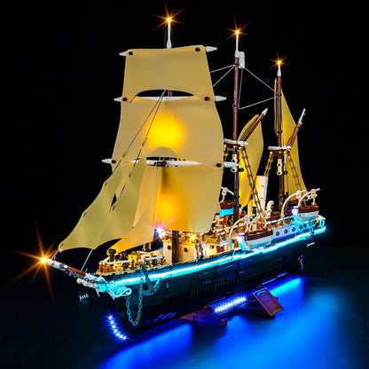 Brick-built polar expedition ship Endurance in ice lit by LED lights – view 2