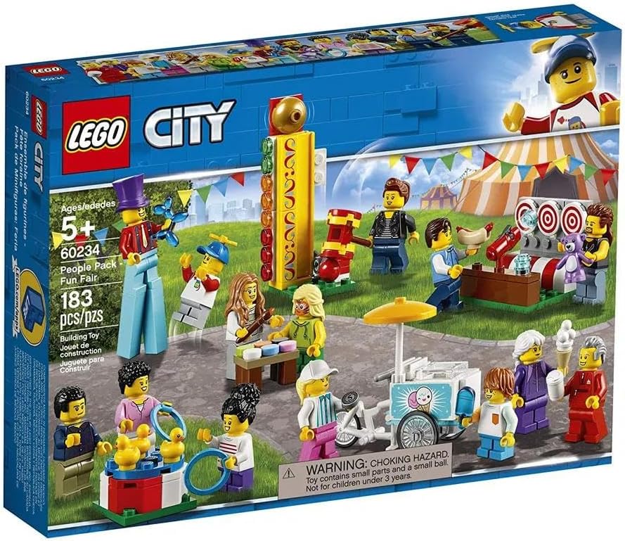 Fun fair minifigures with a stilt walker, game stall and face-painting booth