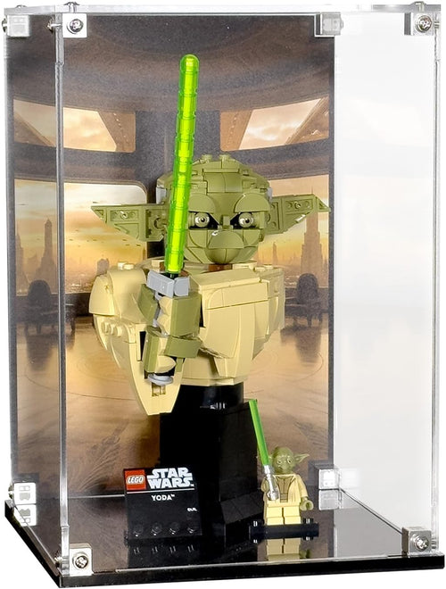 Clear acrylic display case with printed starry background and a brick-built bust inside