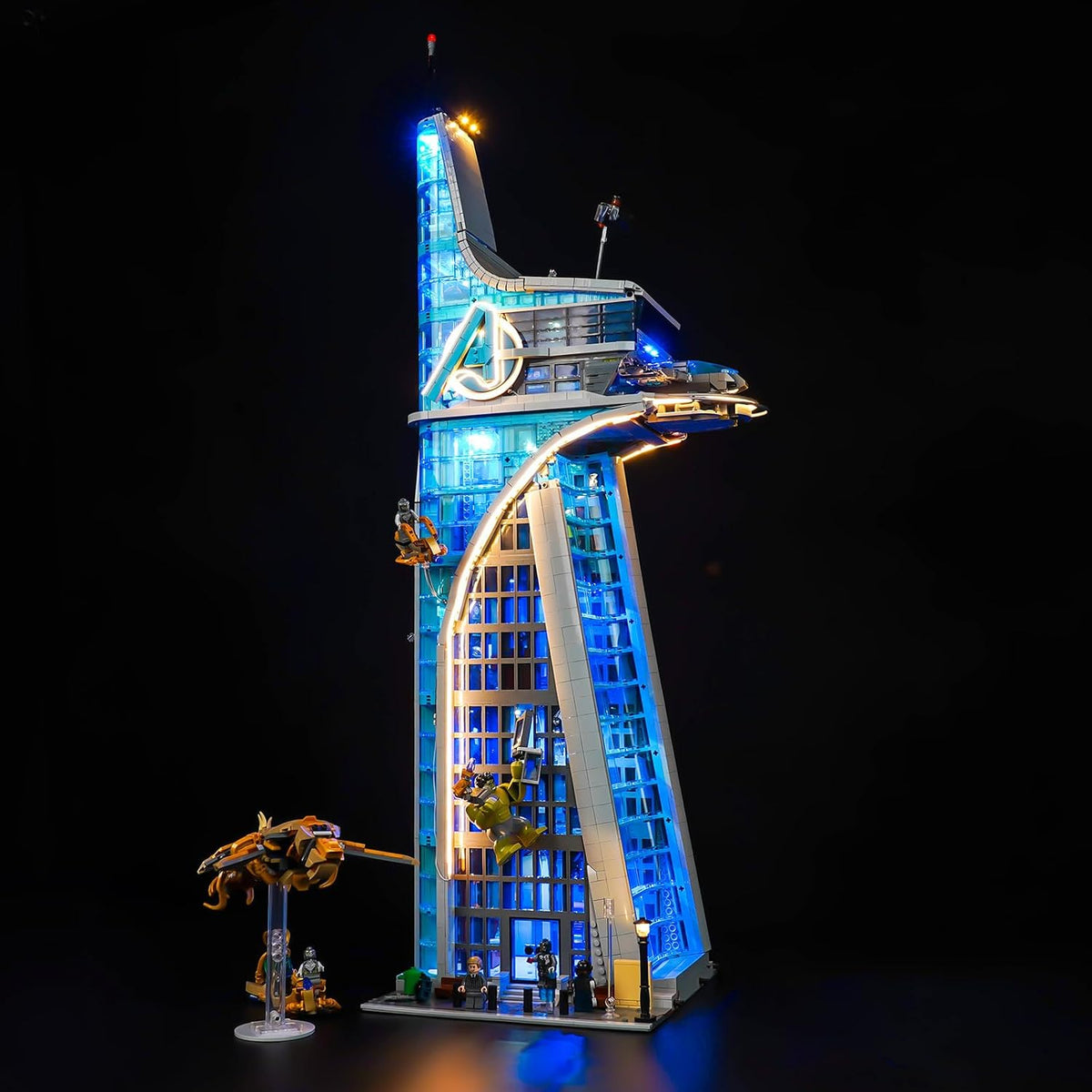 Superhero headquarters tower brick model lit by LED light kit