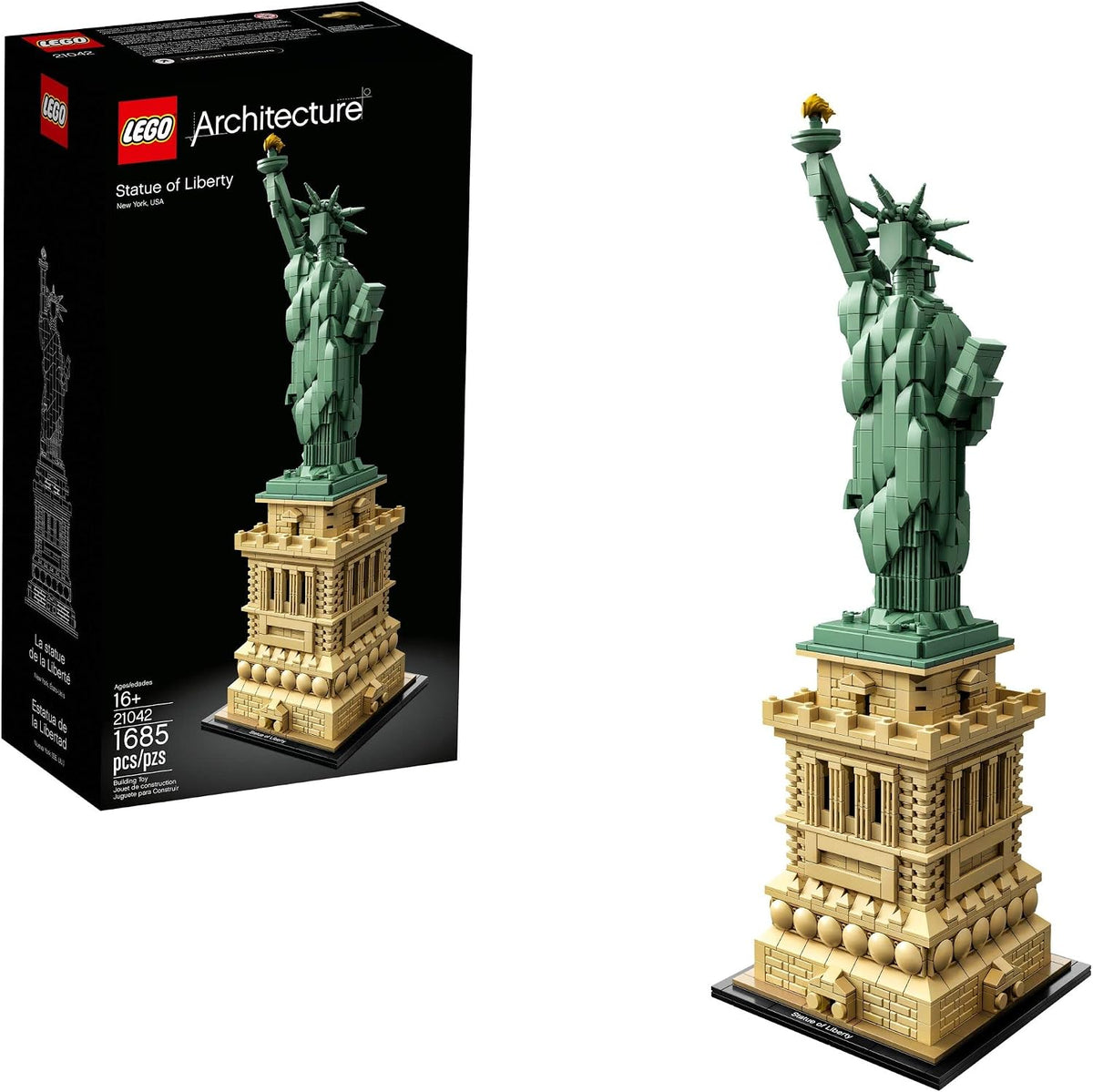 Sand-green brick Statue of Liberty on a beige pedestal with nameplate