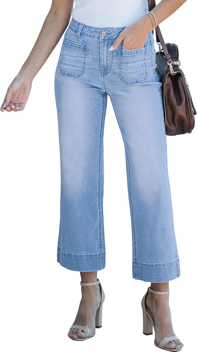 Women's Cropped Flare Jeans - High Rise Wide Leg Denim with Front Patch Pockets for Concert Outfits - Small (12)