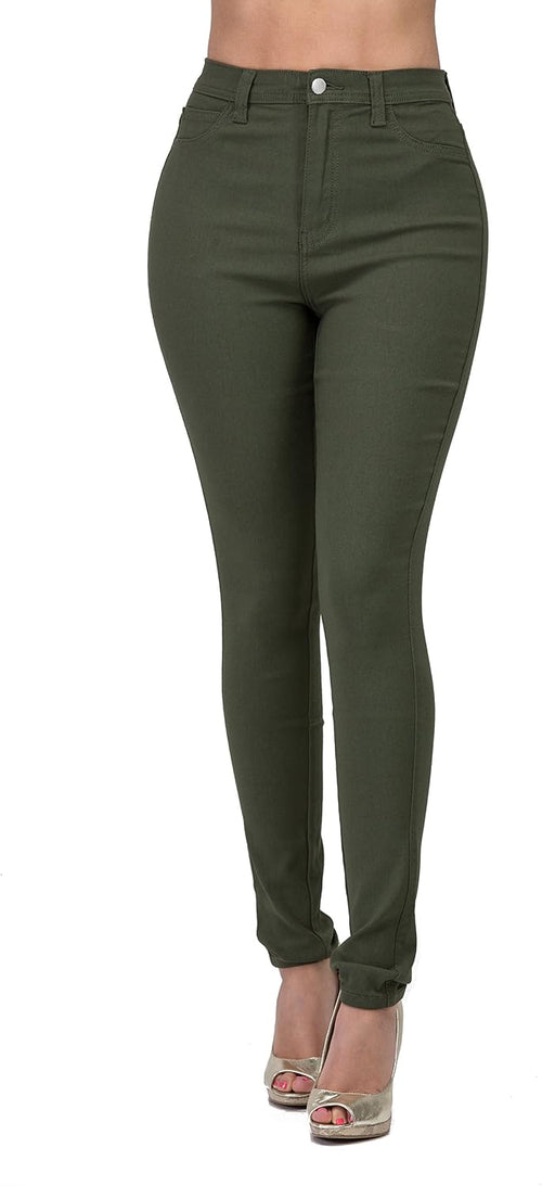 Women's Colored Skinny Jeans - High Rise Destroyed Ripped Stretch Denim in Olive, Mustard and Red - Small