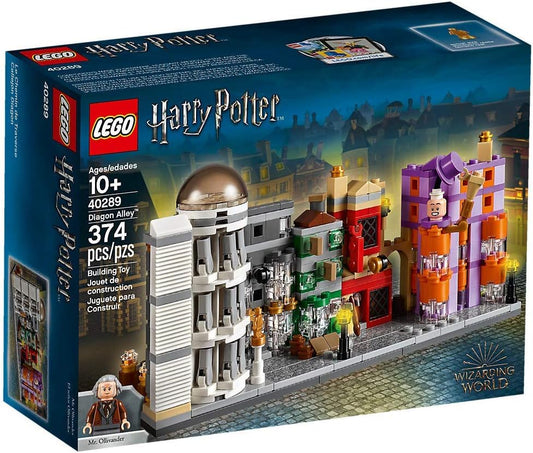 Mini brick model of a narrow wizarding street with small shopfronts
