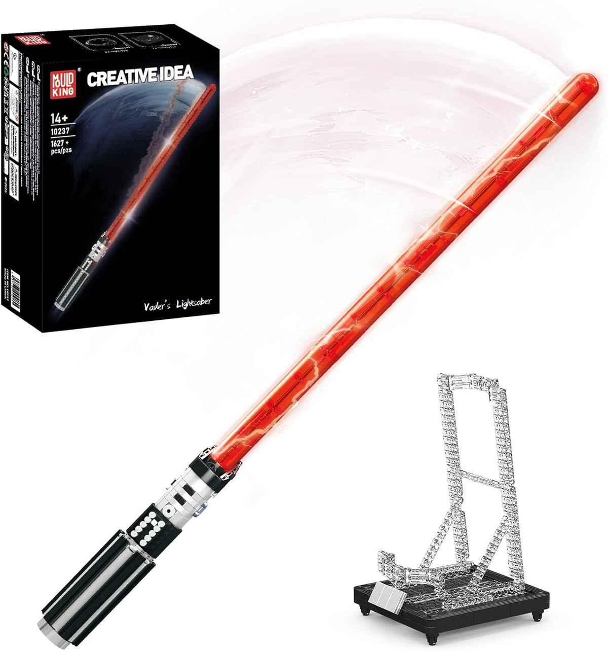 Brick-built light sword with glowing LED blade on a holder rack